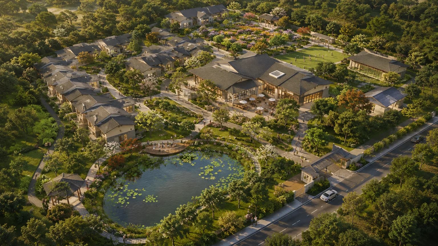 Illustrative concept of a walkable Ananda Living community with community gardens and walking paths.