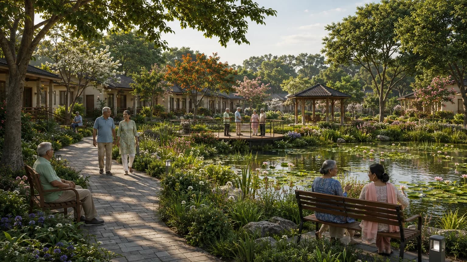 Illustrative concept of community gardens, walking trails and natural spaces in a walkable campus concept.
