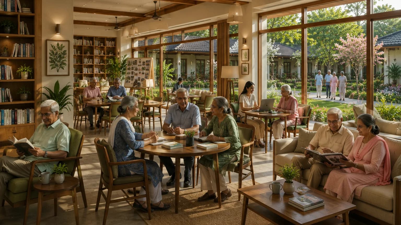 Illustrative concept of reading and conversation in a community learning space.